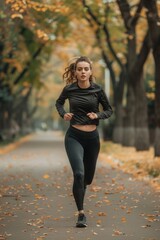A woman running down a tree lined road, suitable for fitness or active lifestyle concepts