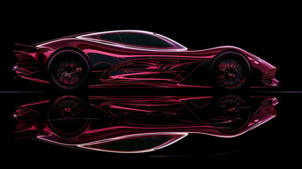Sports car in abstract red and crimson hues races across a stark black backdrop.