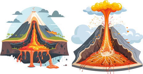 Vector infographic of volcano eruption and magma illustration - obrazy, fototapety, plakaty