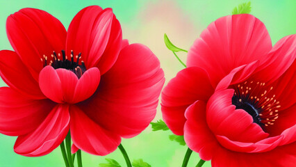 Oil painting red elegance Anemone spring flowers Banner.