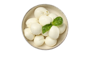 PNG, Balls of mozzarella cheese and basil in bowl, isolated on white background, top view