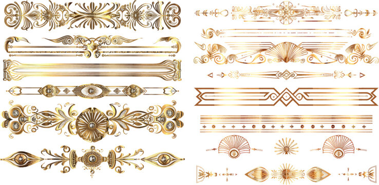 Gold retro arts border, 1920s decorative ornaments and golden dividers borders