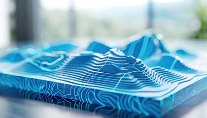 Blue contour map of a mountain range on a glass table - obrazy, fototapety, plakaty