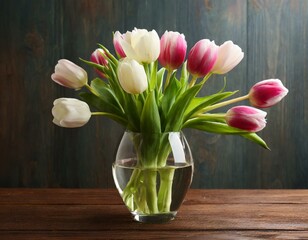 Pink and white tulips in a transparent glass vase on a wooden table