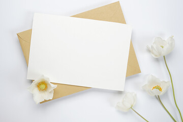 Blank greeting card, envelope on a white background with anemones flowers. Feminine still life...