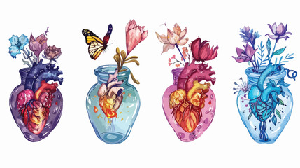 Four Anatomical hearts. Heart on fire flowers butterfl