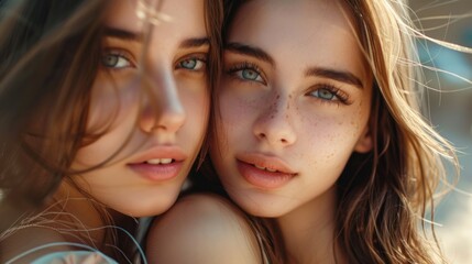 Fototapeta premium Two beautiful women with freckles on their faces. Perfect for beauty and lifestyle concepts