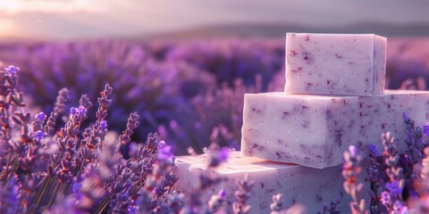 Close up of a block of soap in a beautiful lavender field. Perfect for beauty or relaxation concepts
