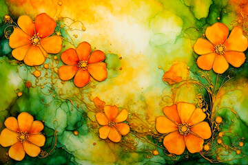 Abstract Painting Drawn With Alcohol Ink In Green And Yellow With Addition Of Orange Colors - obrazy, fototapety, plakaty