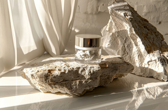 skincare cream jar sitting on white, rock, light silver and light gold, natural lightingLayered fibres