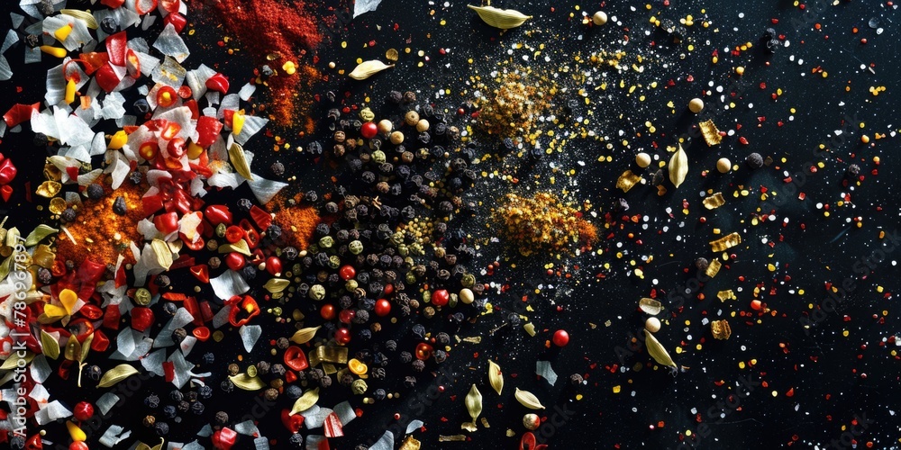 Poster Various spices scattered on a black surface. Ideal for culinary and food-related projects