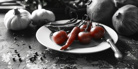 A plate of tomatoes and onions on a wooden table. Ideal for food and cooking concepts - Powered by Adobe