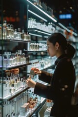 Obraz premium A woman browsing perfumes in a store. Suitable for retail and beauty concepts