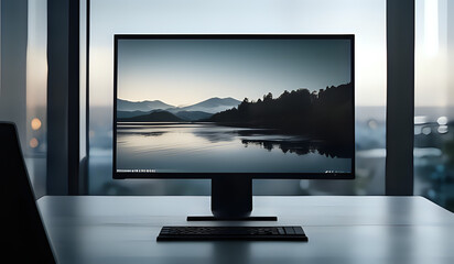 Fototapeta premium Modern office with desktop and computer monitor