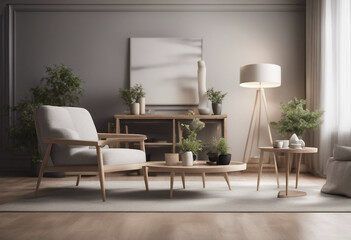 Home interior mock-up with armchair table and decor in living room 3d render