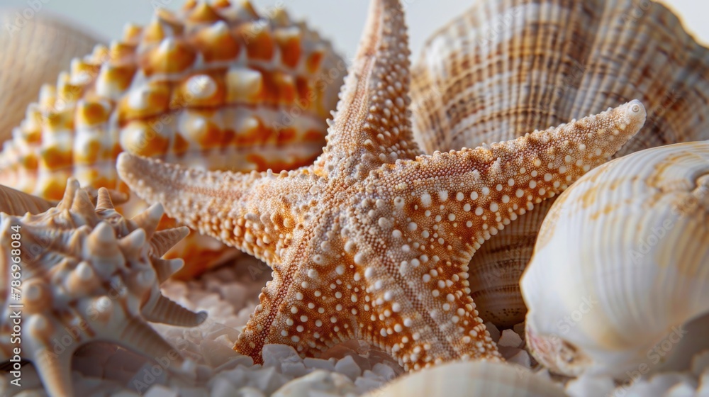Poster close up of shells and starfish on a table. perfect for beach-themed designs