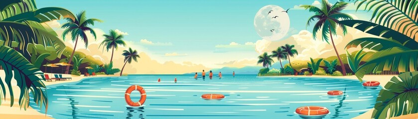A tranquil illustration depicting leisure time by a resort pool surrounded by palm trees and a picturesque tropical landscape.