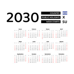 Calendar 2030 Spanish language with El Salvador public holidays. Week starts from Sunday. Graphic design vector illustration.