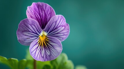 Isolated horned violet Viola cornuta flower close up on a green backdrop