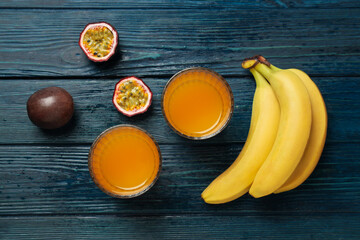 Concept of delicious and fresh exotic fruits juice