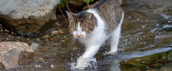 Nimble dodges to avoid the incoming tide, leaving the cat's fur dry and pristine, professional photography and light , Summer Background