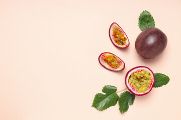 Concept of delicious and juicy exotic fruit - passion fruit - obrazy, fototapety, plakaty