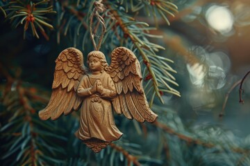 Fototapeta premium A wooden angel ornament hanging from a tree. Perfect for holiday decorations