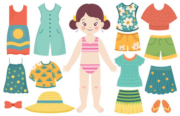 Dress up activity page for kids with a cute girl. Paper doll game. Put clothes on a little girl.Vector illustration - 786969089