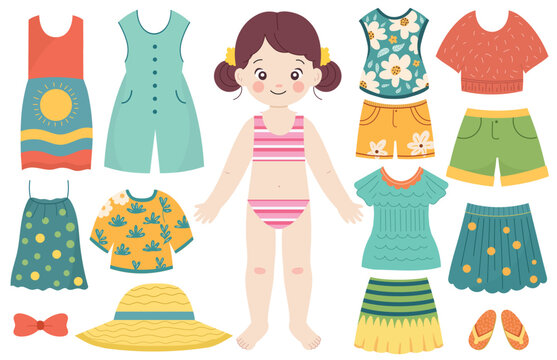 Dress up activity page for kids with a cute girl. Paper doll game. Put clothes on a little girl.Vector illustration