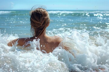 A woman standing in water with her back facing the camera. Ideal for lifestyle and wellness concepts - Powered by Adobe