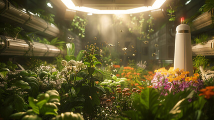 A lush indoor garden comes to life with artificial pollinators, creating a symbiotic environment where technology enhances biological growth. - obrazy, fototapety, plakaty