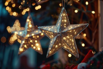 A close up of a star ornament hanging from a tree. Can be used for holiday decorations - Powered by Adobe