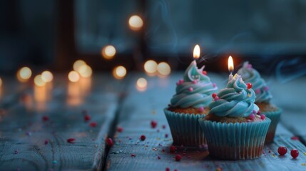 Delicious cupcake with blue frosting and lit candles, perfect for birthday celebrations