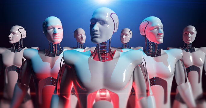 High Tech Group Of AI Robots Slowly Checking And Looking Around. Lasers And Lights Around. Technology Related 3D Render.