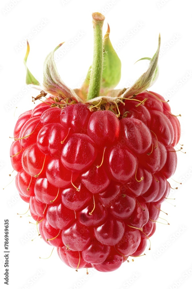Poster A detailed view of a single raspberry on a plain white backdrop. Suitable for food and healthy lifestyle concepts