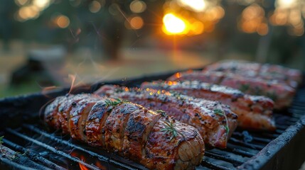 Fresh pork tenderloin cooked on a grill outdoors at sunset