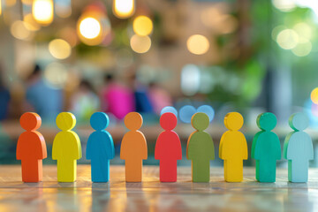 Group of colorful wooden figures of people. Crowd of diverse people