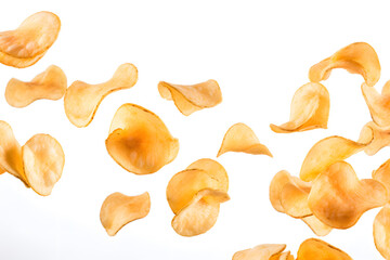 Potato chips fried falling in the air isolated on white background