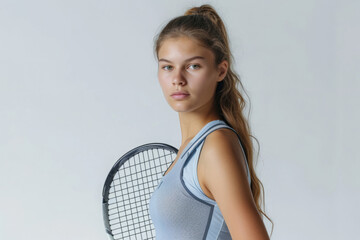 Woman wearing athletic clothing posing with tennis racket. Portrait of female tennis player