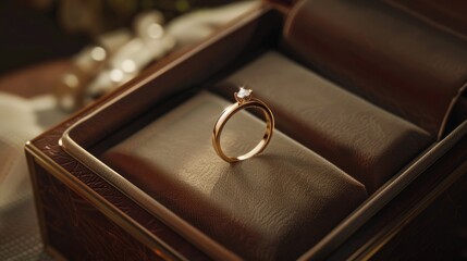 A diamond ring displayed in a box on a table. Perfect for engagement or wedding concepts - obrazy, fototapety, plakaty