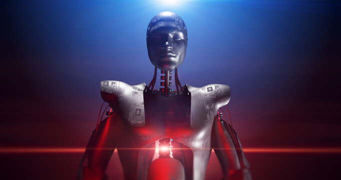 Futuristic AI Military Robot Walking Confidently. Lasers And Lights Around. Technology Related 3D Render.