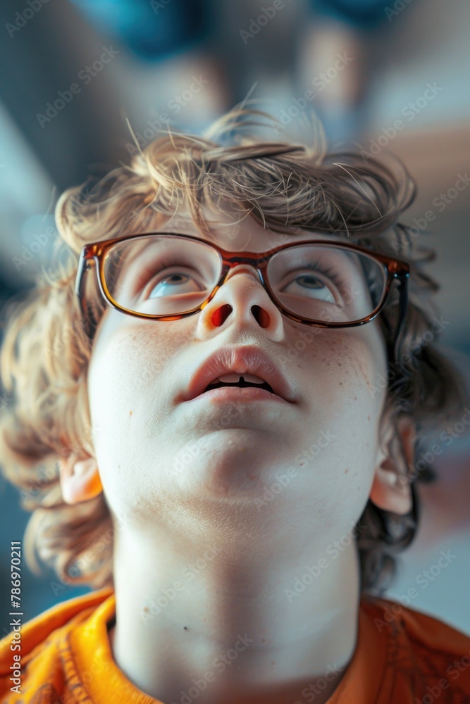 Canvas Prints A young boy wearing glasses looking up with curiosity. Suitable for educational or inspirational concepts