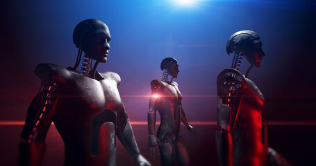 Fototapeta na wymiar Group Of Military AI Robots Walking Slowly. Lasers And Lights Around. Technology Related 3D Render.