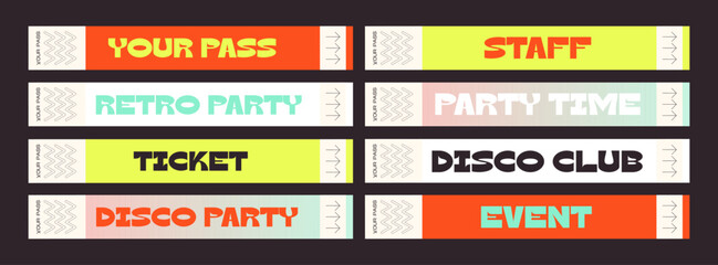 Control y2k ticket bracelets for events, disco, festival, fan zone, party, staff. Vector mockup of a festival bracelet in a futuristic style	