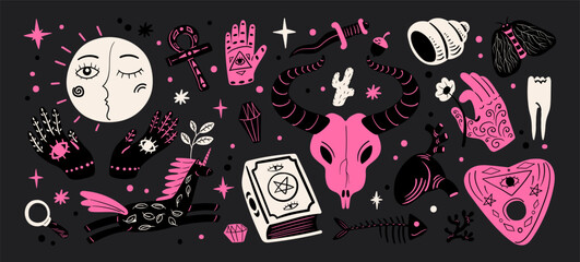 Cartoon set of stickers of magic and witchcraft. 90s wild magic design. botanical elements,skull,cards,hand,eye,potion. Halloween set © Limpreom