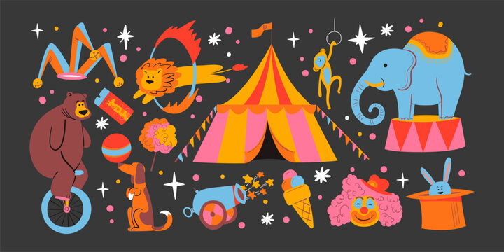 Cartoon circus show stickers. clown, trained animals, circus attributes, acrobats, magicians. Set of vintage retro 90s doodle circus stickers