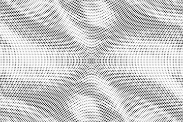 Radial halftone gradient background. Dotted concentric texture with fading effect. Black and white circle shade wallpaper. Grunge rough vector. Monochrome backdrop for various purpose.	