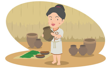 土器を持つ縄文時代の女性