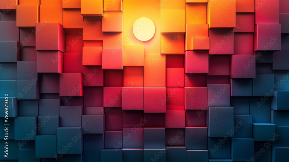 Poster a background composed of overlapping geometric shapes in vibrant gradients, reminiscent of classic v