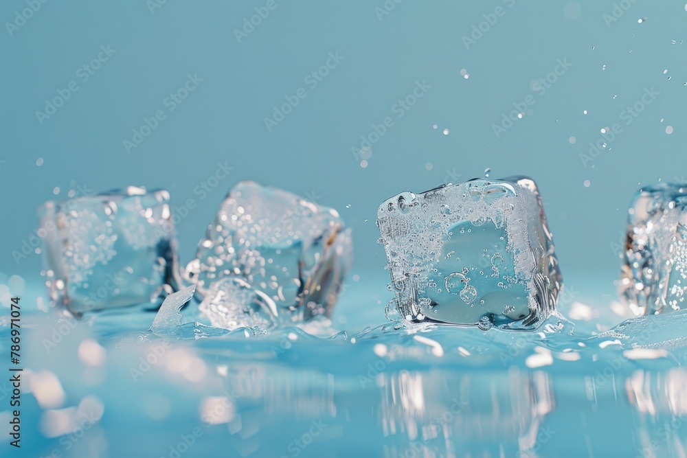 Poster a group of ice cubes sitting on a blue surface. perfect for refreshing summer drink concepts